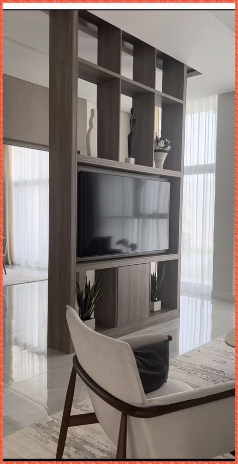 [PaidLink] 37 Incredible Living Room Partition Design With Tv Hacks You'll Want To Use This Summer #livingroompartitiondesignwithtv Tv Rotate Design, Tv Room Divider Ideas, Divider Wall Ideas With Tv, Tv Wall Divider, Wall Separation Ideas Room Dividers, Tv Partition Wall Interior Design, Rotating Tv Wall, Partition Design Interiors, Tv Partition