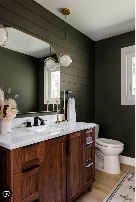 Shiplap Bathroom Wall, Nickel Gap, Modern Farmhouse Bathroom Ideas, Dark Green Bathrooms, Installing Shiplap, Shiplap Bathroom, Interior Design Gallery, White Shiplap, Modern Farmhouse Bathroom