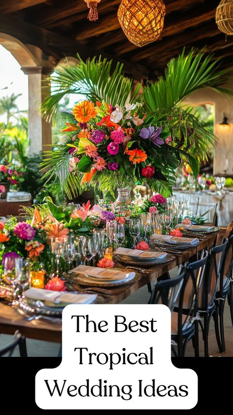 Tropical wedding venue decorated with lush greenery, vibrant flowers, and elegant beach-inspired details, creating an enchanting oasis atmosphere. Jungle Wedding Color Palette, Tropical Wedding Theme Table Decor, Tropical Beach Wedding Decorations, Destination Wedding Colors Beach, Tropical Glam Wedding Decor, Wedding Decorations Tropical, Paradise Theme Party, Tropical Minimalist Wedding, Tropical Centerpieces Wedding