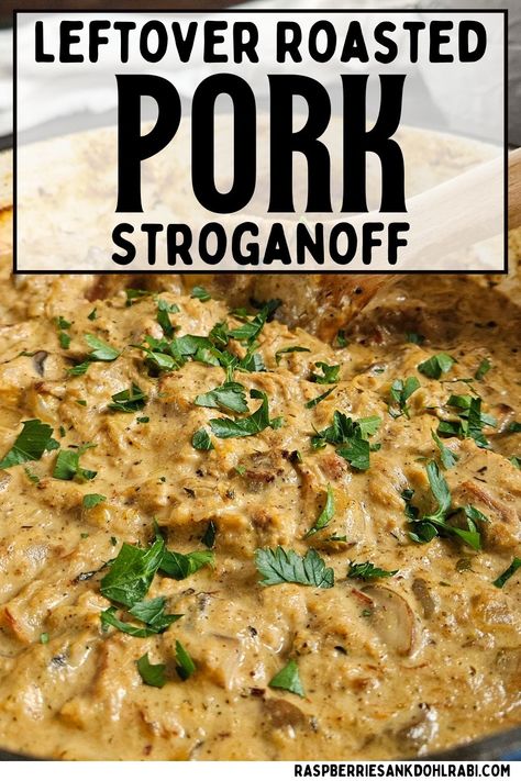 Close up of pork stroganoff. Leftover Pork Stroganoff Recipes, Leftover Pork Loin Stroganoff, Recipes With Leftover Pork Shoulder, Left Over Roast Pork Meals, Shredded Pork Leftovers Recipes, What To Do With Leftover Pork Loin Roast, Leftover Pork Chop Recipes Keto, Pork Stroganoff Recipes Easy, Pork Roast Casserole Recipes