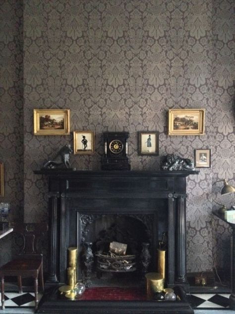 Black Wood Fireplace Mantels, Bantry House, Cork Interior, Black Mantle, Gentlemen Style, Slate Fireplace, Living Room Classic, Black Fireplace, Gray Wallpaper