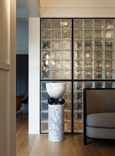 LOVE...Glass Blocks Are Cool Again: Here’s Why You Should Care Glass Block Wall, Glass Block Shower, Glass Blocks Wall, Glass Block Windows, Decorative Wall Sconces, Glass Brick, White Oak Floors, Glass Partition, Partition Design