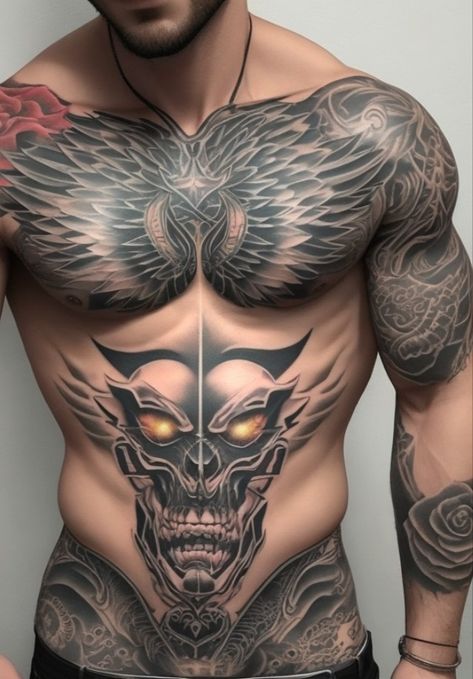 chest and body tattoo men ideas Geometric Chest Tattoo Men Design, Full Body Tattoo Man, Full Chest Tattoo Men, Mens Hip Tattoos, Lion Chest Tattoo, Geometric Tattoo Leg, Chest Tattoos For Men, Full Chest Tattoos, Small Chest Tattoos