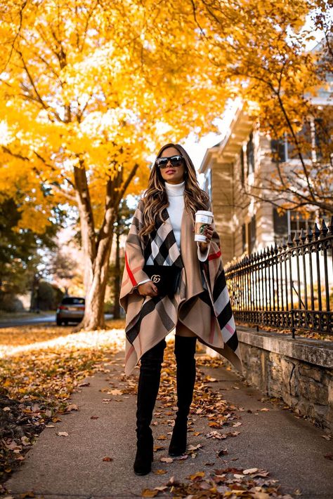 Burberry Poncho, Poncho Outfit, Mia Mia Mine, Cape Outfit, Over The Knee Boot Outfit, Knee Boots Outfit, Mia Mia, Poncho Style, Winter Fashion Outfits