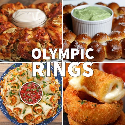 Olympic Snacks, Ring Recipes, Bacon Wrapped Burger, Garlic Knot, Bread Ring, Chili Dog, Dog Bread, Monkey Bread, Finger Food Appetizers