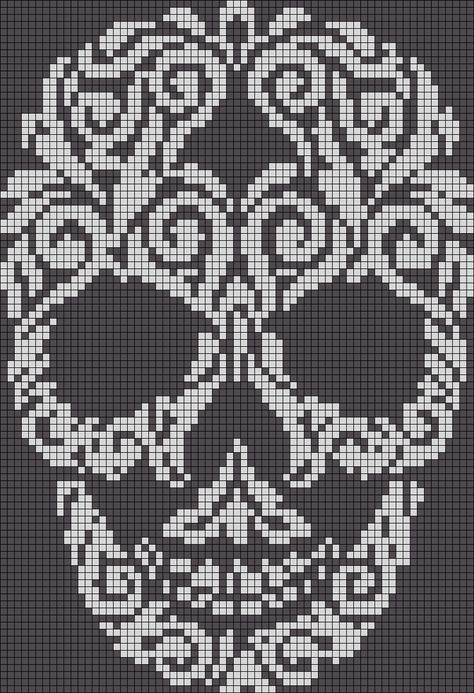 Alpha Pattern #19809 Preview added by toribug11                                                                                                                                                                                 More Cross Stitch Skull, Crochet Skull, Filet Crochet Charts, Fillet Crochet, Halloween Cross Stitches, Pola Kristik, Pola Sulam, Crochet Tapestry, Crochet Diagram