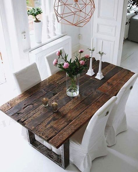 Add a luxury railway sleeper dining table to your home made out of teak wood. Available in different sizes Diy Esstisch, Farmhouse Dining Rooms Decor, Modern Farmhouse Dining Room, Modern Farmhouse Dining, Diy Dining Table, Diy Dining, Esstisch Modern, Rustic Dining Room, Ideas Casa