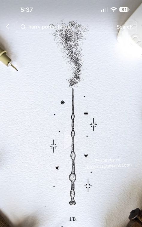 Harry Potter Wand Drawing, Harry Potter Wands Tattoos, Wand Drawings, Simple Wand Tattoo, Elder Wand Drawing, Harry Potter Filler Tattoo, Wand Tattoos, Dumbledore Wand Tattoo, Harry Potter Tattoos Wand