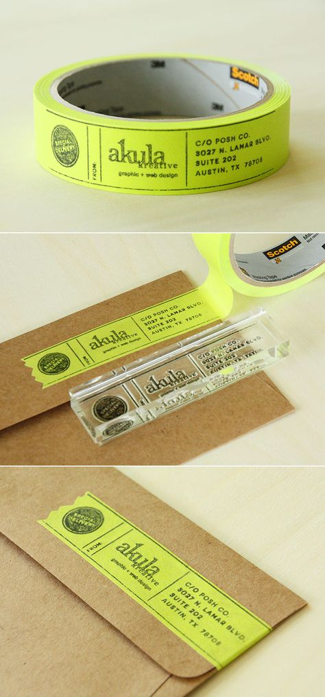 Over the past few weeks, I've been on a MISSION to find custom masking tape return address labels, but all of the available products have minimum quantities of 100-500 rolls. Um, no thanks. 1) I don't want to spend that much money on this; 2) I can't store that much tape; and 3) I'll probably move before making it through a single roll. Sooo...I came up with a less expensive and lower quantity solution: create a 4" x 1" stamp and make my own custom masking tape... Duct Tape, Katie White, Visuell Identitet, Guerilla Marketing, Post Card, Design Graphique, Return Address, Address Labels, Erin Condren