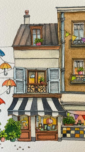 Astrid | Urban Anna Studio on Instagram: "The Urban Paris watercolor painting NEW coloring page is now available on Etsy and 🖼️ Art Prints are for sale on Redbubble because the original is sold and on its way to Australia 🤗 . . . . #watercolorillustration #shopfrontillustration #shopfronts #soothingvideo #coloringtherapy #arttutorial #artreel #artvideo #watercolortutorial #coloringtutorial #coloring #coloringpage #coloringpages #coloringbook #street #houses #paris #parisstreet" Croquis, Urban Watercolor Paintings, Urban Illustration Art, Cute Buildings Drawing, Urban Watercolor Sketching, Watercolor Storefronts, Urban Anna, Watercolour Street, House Watercolor Painting