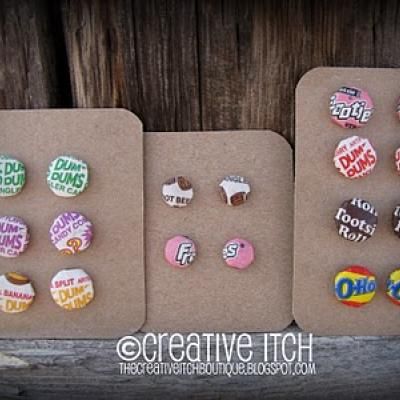 DIY Candy Wrapper Earrings (Mod Podge)  (for granddaughter) Diy Candy Wrappers, Mod Podge Crafts, Candy Wrapper, Candy Wrappers, Earring Ideas, Diy Candy, Button Jewelry, Button Earrings, Recycled Crafts