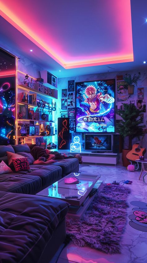 Hyper Realistic Clean Living Room with Neon Art Dark Neon Room, Chill Room Ideas Lounges, Neon Living Room, Cyberpunk Living Room, Cyberpunk House, Retro Aesthetic Room, Game Lounge, Chill Room Ideas, Clean Living Room