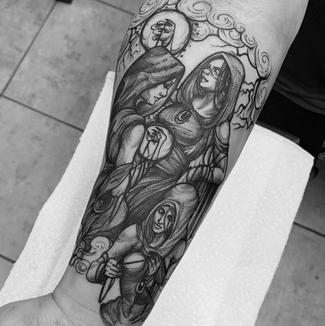 @dylansmith_ink The Fates, a fun start to a Greek mythos sleeve... #dylansmithink #engineerink #tattoo #darkart #blackwork #thefates #thefatestattoo #blxck #blxckwork #greekmythology #greekmythologytattoo Fates Tattoo, Fate Tattoo, Greece Tattoo, Arm Tattoos For Guys Forearm, Norse Mythology Tattoo, Gladiator Tattoo, The Fates, Greek Mythology Tattoos, Military Tattoos