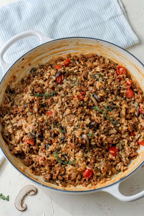 Chorizo and Mushroom Risotto - My Life After Dairy Tomatoes And Rice, Mushroom Broth, Dairy Free Dinner, Arborio Rice, Mushroom Risotto, Tomato Vegetable, Diced Onions, Grape Tomatoes, Cherry Tomatoes