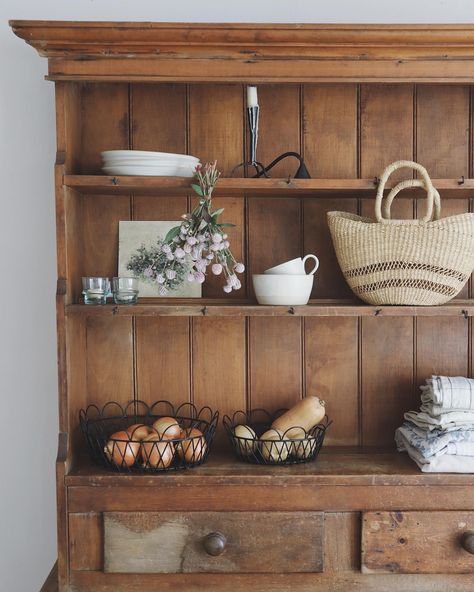 Styling the kitchen hutch today with pieces from @roaniris.co & dried flowers from my garden 🌾 (gifted pieces) Thrifted Kitchen Decor, Hutch Decorating Ideas, Hutch Styling, Farmhouse Hutch, Kitchen Hutch, Hutch Decor, Kitchen Dresser, Sacred Spaces, Kitchen Display