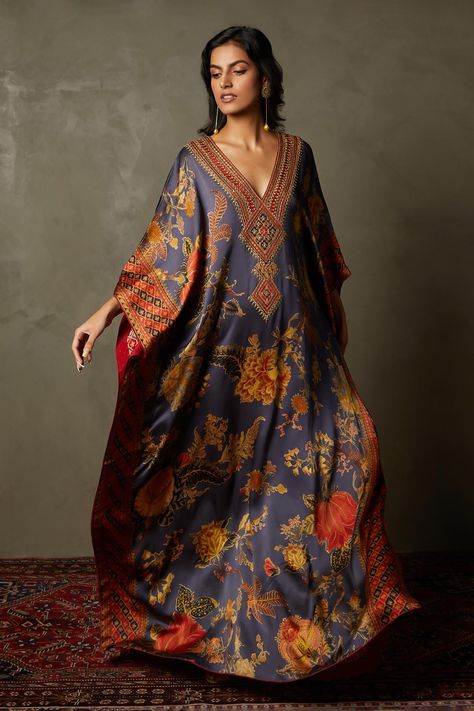 Shop for these amazing collections of Blue 100% Silk Embellished Floral V-neck Romantic Flower Kaftan For Women by RI.Ritu Kumar online at Aza Fashions. Kaftan Styles For Ladies, Boho Kaftans, Kaftan Pattern, Kaftan Women, Beautiful Ball Gowns, Kaftan For Women, Printed Kaftan, Boho Inspo, Blue Organza