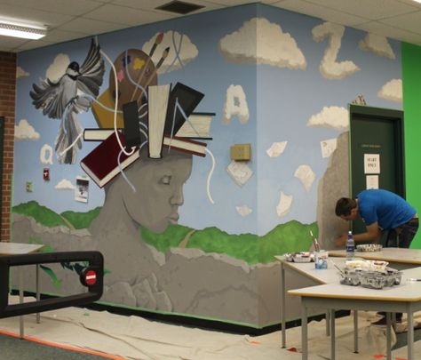 Library Murals, School Library Decor, High School Library, Kids Room Paint, Entry Wall, School Murals, Murals For Kids, School Painting, Wall Drawing