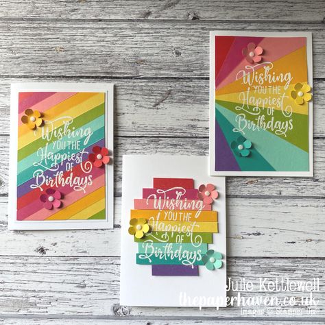 24 Hour Stamp Sale Handmade Rainbow Cards, Stampin Up Rainbow Cards, Rainbow Cards Handmade, Rainbow Birthday Card, Strip Cards, Rainbow Cards, Scrappy Cards, Happiest Of Birthdays, Online Card