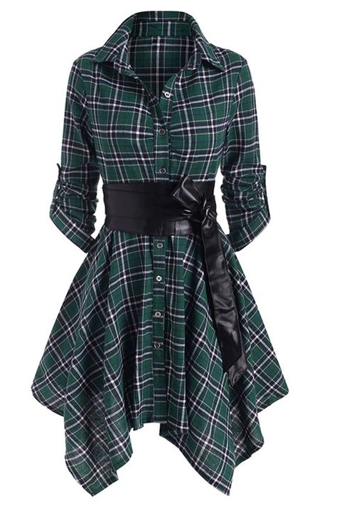 757f843a169cc678064d9530d12a1881desc50958309ri Vestidos Country, Womens Plaid Dress, Plaid Wrap Dress, Asymmetrical Shirt, Handkerchief Dress, Vestidos Vintage, Fashion Dresses Casual, Midi Shirt Dress, Vestido Casual