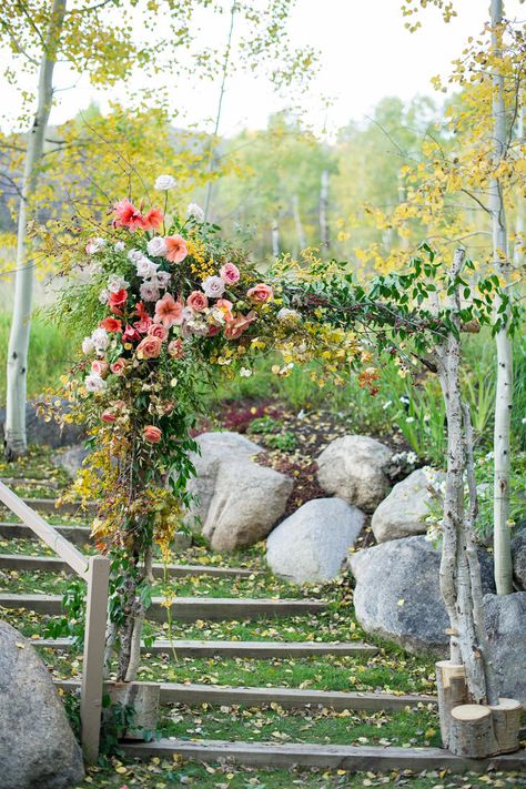 Cedar Wedding Arch, Wedding Chuppah Flowers, Wildflower Arch, Arbour Flowers, Stair Entrance, Turtle Wedding, Simple Wedding Arch, Backyard Ceremony, Beaver Creek Colorado