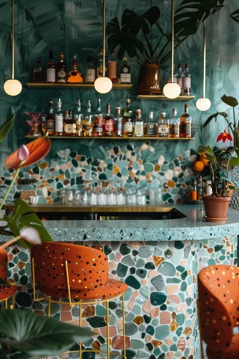 Chic Bar Backsplash Ideas to Elevate Your Space Retro Bar Interior Design, Bar Tiles Design, Commercial Bar Ideas, Funky Bar Design, Fun Bar Ideas, Tile Backsplash Bar, Blue Home Bar, Bar Mood Board, Cocktail Bar Interior Design