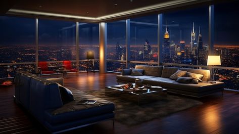 A living room with a view of the city at... | Premium Photo #Freepik #photo #apartment #suite #home-interior #penthouse Luxury Penthouse Living Room, New York Living Room, Living Room With A View, Penthouse New York, Penthouse Aesthetic, Appartement New York, Penthouse Living Room, New York Living, Penthouse Luxury