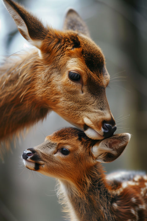 A mother deer tenderly nuzzles her fawn Baby Deer Photography, Fawn Illustration, Deer Pretty, Tattoo Map, Fawn Tattoo, Felted Deer, Deer Woman, Female Deer, Winter Wildlife