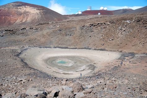 HAWAII'S ONLY ALPINE LAKE DISAPPEARING FAST —  Lake Waiau is shrinking at an alarming rate, and scientists don't know why nor what to do about it. Lake Waiau, a tiny lake just below the 13,803-feet-above-sea-level summit of Mauna Kea on the Big Island, is almost entirely gone. The lake began to shrink in surface area in early 2010, from its norm of 1.2-1.7 acres to its current .03 acres, now 2% of norm. The lake's maximum depth was 10 feet; now it's < 1 foot. | Hawaii Magazine, 11/20/2013 What Is Climate, Satellite Pictures, Hawaii Magazine, Steam Activities, Water Pond, Water Bodies, Alpine Lake, Environmental Science, Big Island