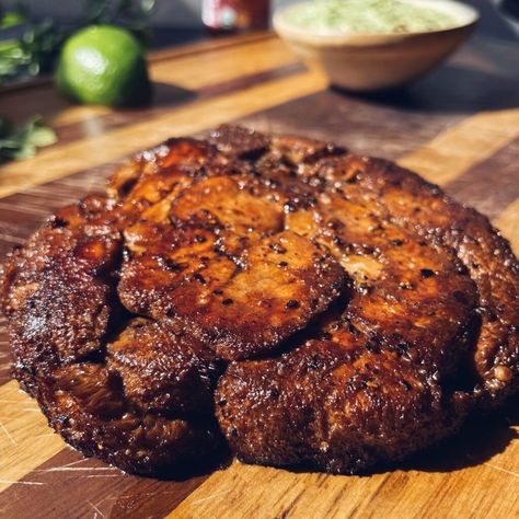 Argentinian Lions Mane Steak with Dijon Chimmichurri - Faraway Kitchen Vegan Lions Mane Steak, Lions Main Steak, Lions Mane Mushroom Steak Recipe, Lion Mane Mushroom Steak, Lions Mane Steaks, Lions Mane Sandwich, Lions Mane Taco Recipe, Lion's Mane Mushrooms, Lion Mane Recipes