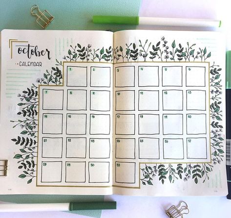 Bujo Leaf Theme, Bujo Leaves Theme, Green Bujo Theme, Green Bujo, Bujo Calendar, Bullet Journal Topics, October Bujo, Bullet Journal Goals Page, Bullet Journal Work