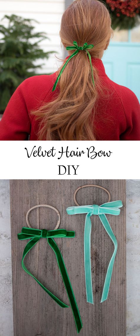 Hair Ribbons Diy, Hair Bow Diy, Velvet Hair Bow, Hair Ties Diy, Bow Diy, Hair Ribbons, Velvet Hair, Ribbon Hair Bows, How To Make Ribbon