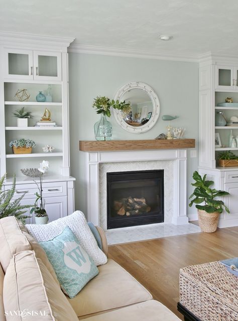 Coastal Familyroom with Builtins and Wood Beam Fireplace Coastal Family Rooms, Fireplace Built Ins, Living Room Decor Fireplace, Coastal Living Rooms, Small Living Room Decor, Coastal Living Room, Home Fireplace, Fireplace Makeover, Living Room Remodel