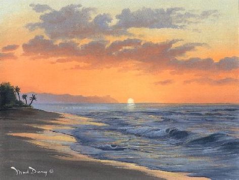 "Sunset Beach" oil painting of North Shore Sunset Beach in Hawaii | Mark Downey, Artist of Traditional Realism Watercolour Painting Sunset Beach, Hawaii Beach Painting, Sun Set Beach Painting, Hawaii Oil Painting, Beach Painting Landscape, Sunset On A Beach Painting, Watercolour Beach Sunset, Beach Shore Painting, Sunset Seascape Painting