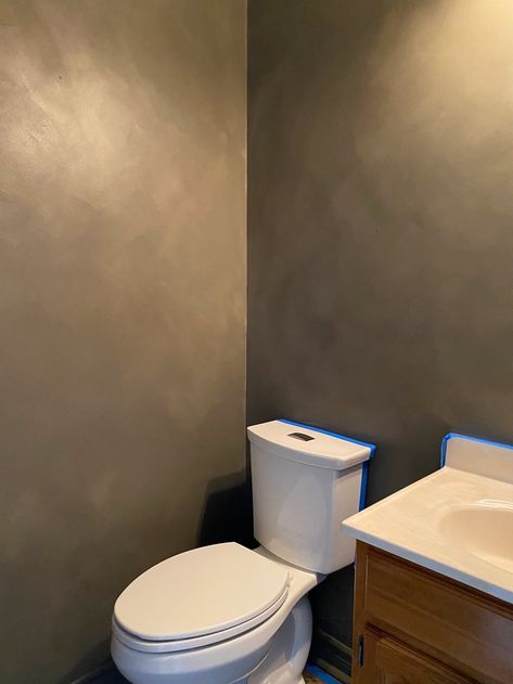 Limewash Small Bathroom, Lime Wash Walls Powder Room, Bathroom With Limewash, Limewash Effect Paint, Bathroom With Concrete Wall, Limewash With Paint, Diy Sponge Wall Paint, Matte Green Wall, Diy Limewash Paint Wall