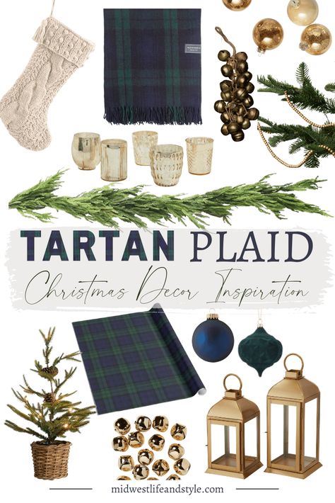 How To Effortlessly Decorate For Christmas With Blue Green And Tartan Plaid - Midwest Life and Style Blog Heritage Christmas Decor, Scottish Christmas Tree, Navy And Green Christmas Decor, Scottish Christmas Decor, Tartan Aesthetic, Decorating With Plaid, Tartan Christmas Decorations, Scottish Christmas, Tartan Plaid Christmas