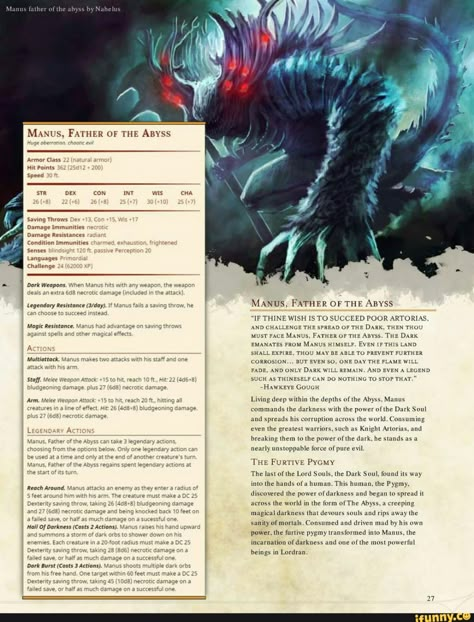 Manus Father Of The Abyss, D D 5e Homebrew, Dnd Enemies, 5e Monsters, Homebrew Monsters, Dnd Stats, Dnd Monster, Dnd Creatures, Monster Manual