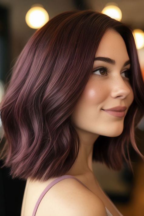 Mahogany Plum hair colour, fall hair color idea Plum Brown Balayage, Brunette Hair With Plum Highlights, Mushroom Mulberry Hair Color, Dark Burgundy Ombre Hair, Medium Plum Hair, Deep Burgundy Hair Color Short, Brown Plum Hair Color, Vr Hair Color, Light Plum Hair Color