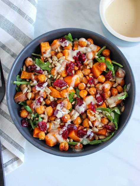 Roasted Chickpea And Sweet Potato Salad (With Tahini Dressing) Roasted Vegetable And Chickpea Bowl With Maple Dijon Tahini Dressing, Chickpea And Sweet Potato, Salad With Tahini Dressing, Sprouting Sweet Potatoes, Roasted Chickpea, Sweet Potato Bowls, Fall Meals, Sweet Potato Salad, Pea Salad