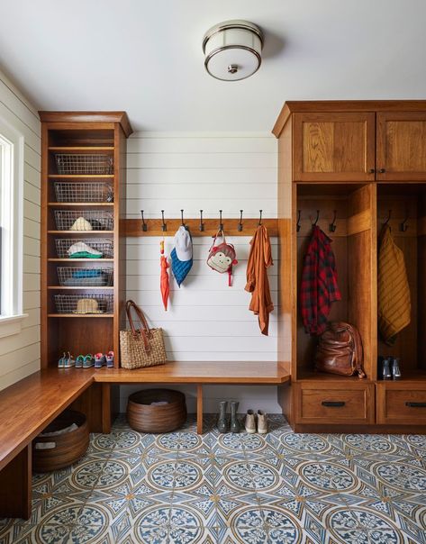 40 Mudroom Ideas for Spaces Small and Large Built In Cubbies, Small Mudroom Ideas, Mudroom Cubbies, Mudroom Remodel, Colorful Tile, Mudroom Cabinets, Mud Room Entry, Mudroom Ideas, Mudroom Entryway