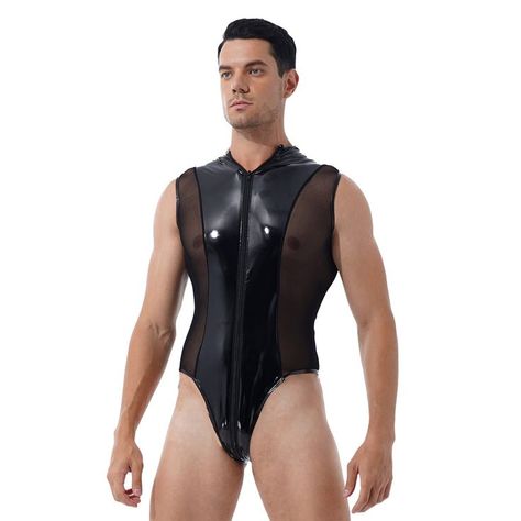 Men's One Piece Wet Look Leather Mesh Sleeveless Jumpsuit Bodycon Leotard Men Bodysuit, Mens Leotard, Mens Bodysuit, Metallic Bodysuit, Leotard Bodysuit, Leather Jumpsuit, One Piece Man, Lingerie For Men, Club Wear