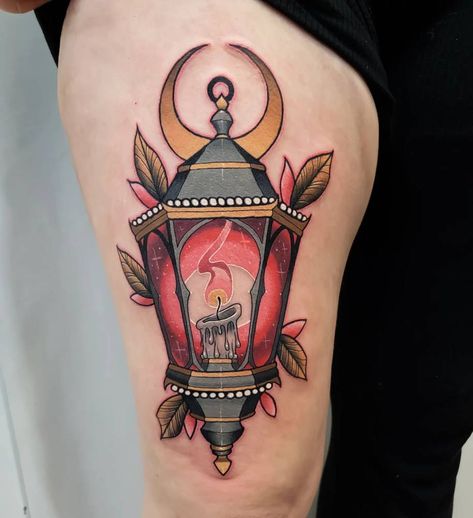 Neotraditional style lantern tattoo located on the Lantern Neo Traditional, Creepy Lantern Tattoo, Neo Traditional Lantern Tattoo, Camping Lantern Tattoo, Lantern Tattoo Traditional, Neo Traditional Lantern, Lantern Tattoo Vintage, Nutcracker Tattoo, Tattoo Lantern