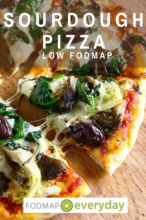 close up of sourdough pizza topped with spinach, cheese, olives and artichokes Fodmap Pizza, Fast Low Fodmap Dinner, Low Fodmap Italian Recipes, Low Fodmap Sourdough Bread Recipe, Vegetarian Low Fodmap Recipes, Low Fodmap Pizza Crust, Low Fodmap Pizza, Low Fodmap Pizza Toppings, Low Fodmap Meal Prep