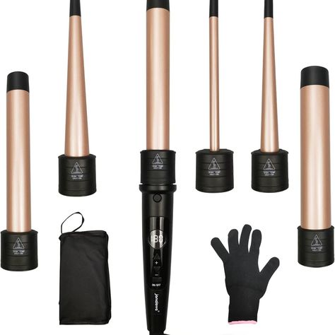 janelove Hair Curler, Curling Wand,6 in 1 Hair Iron Set for Long/Short Hair, with 5 Interchangeable Ceramic Barrel,Include Large/Small Hair Waver,Hair Crimpers with Heat Resistant Glove 【Adjustable temperature 80 ℃-230 ℃】 Hair waver with different attachments with LCD display, the curling iron can be set to 180 ℃ in 20 seconds. It can meet the different needs of different hair types, whether you have soft or thick hair. it also provides even heat to keep your curls long lasting all day long. Wand Curling Iron, Long Short Hair, Small Curls, Curling Wand Set, Wand Hairstyles, Different Curls, Best Curlers, Hair Crimper, Hair Waver