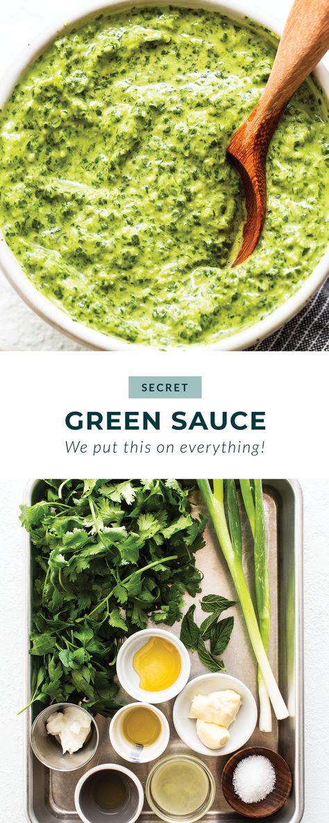 Looking for a sauce that's good on everything? Make this green sauce for an all-purpose sauce that is delicious as a dip, sauce, and drizzle! Mediterranean Sauce, Sauce For Vegetables, Green Sauce Recipe, Greek Sauce, Main Recipes, Dip Sauce, Green Garlic, Green Pesto, Cilantro Sauce