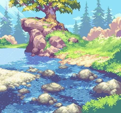 Pixel art nature Pixel Art Gif, How To Pixel Art, Image Pixel Art, Pixel Art Landscape, Kare Kare, Piskel Art, 8 Bit Art, Pixel Art Background, Pixel Art Tutorial