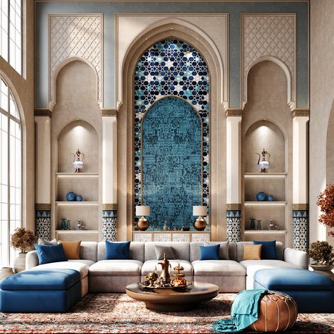 Turkish Interior Design Modern, Moroccan Interior Design Living Room, Majlis Modern, Contemporary Moroccan Interiors, Moroccan Interiors Living Room, Arabian Interior Design, Islamic Collage, Indian Mansion, Marrakech Interior Design