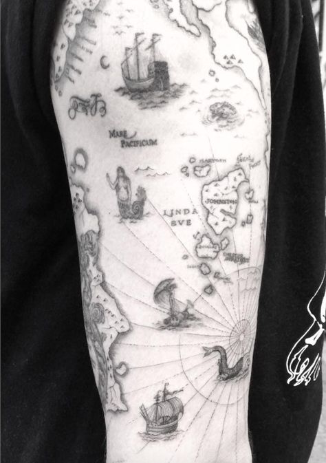 Dr. Woo Pirate Map Tattoo, Vintage Flower Tattoo, Pirate Map, Map Tattoo, Sailor Tattoos, Dr Woo, Map Tattoos, Tattoo Sleeve Designs, Vintage Tattoo