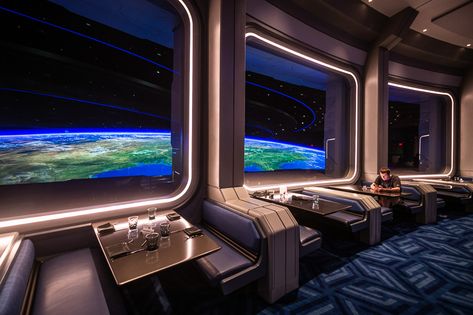 Space 220 Lunch Review: It's Out of This (Disney) World! - Disney Tourist Blog Galaxy Restaurant Design, Space Restaurant Design, Futuristic Cafe Design, Space Restaurant, Mission Space, Space Hotel, Disney Tourist Blog, Disney World Tickets, Dark Side Star Wars