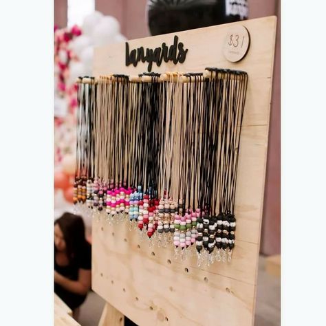 Aria&Harper Lanyard Market Display, Diy Lanyard Display, Lanyard Display Stand, Pegboard Bracelet Display, Lanyard Display Ideas, Lanyard Display, Vendor Events Displays, Diy Necklace Stand, Jewelry Vendor Display