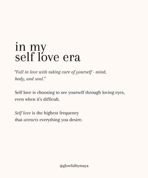 in my self love era • self love is the highest frequency that attracts everything you desire #selflove #selfcare #selfacceptance #abundance #lawofassumption #healingfromwithin #softlife #mindsetshifts #highestvibration #highestself • glowfulbymaya Self Love Mantras, Self Love Activity, In My Self Love Era Captions, In Love With Myself, What Is Self Love, Highest Self, In My Healing Era Quotes, Healing Era Quotes, Love Is The Highest Frequency